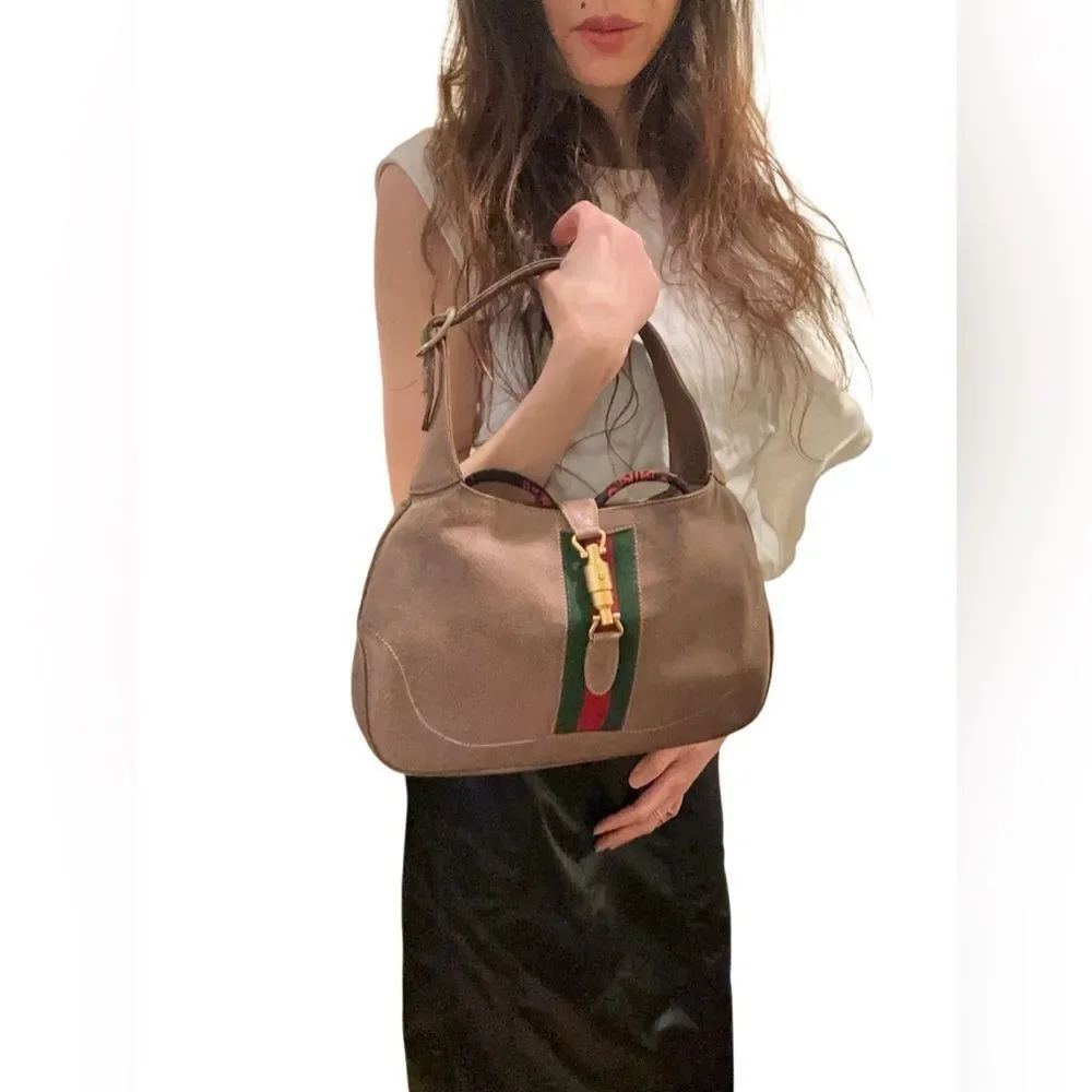 Gucci Jackie Tan Suede Hobo Bag with Green and Red Stripe piston lock